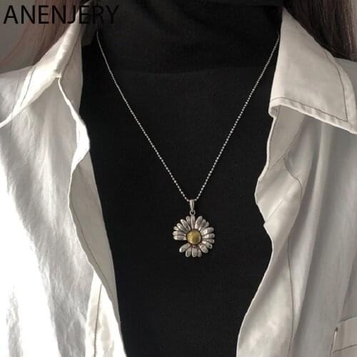 ANENJERY 925 Sterling Silver Hip Hop Retro Daisy Necklace For Women Couple Charm Sweat Chain Friends Gift Wholesale S-N609