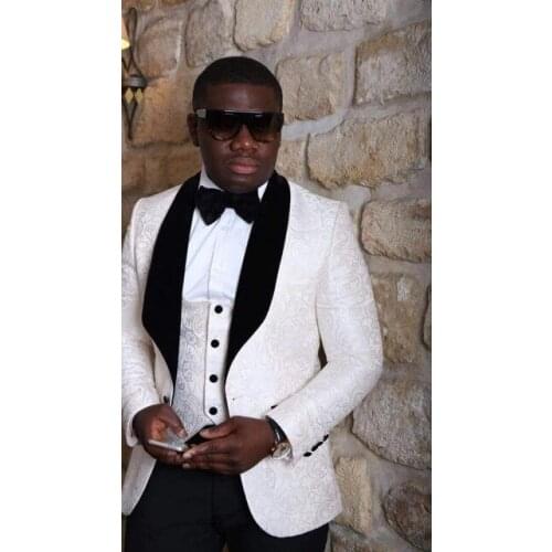 Hot Sale One Button Ivory Embossing Groom Tuxedos Shawl Lapel Groomsmen Mens Wedding Prom Suits (Jacket+Pants+Vest+Tie) NO:129