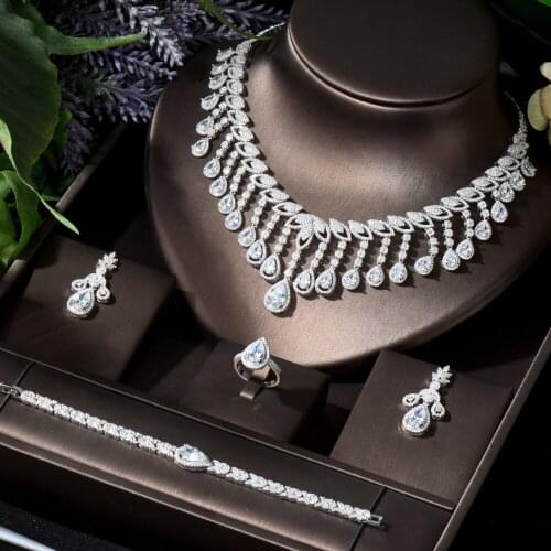 HIBRIDE Water Drop Leaf Luxury Women Nigerian Wedding Naija Bride Cubic Zirconia Necklace Dubai 4PCS Dress Jewelry Set N-751