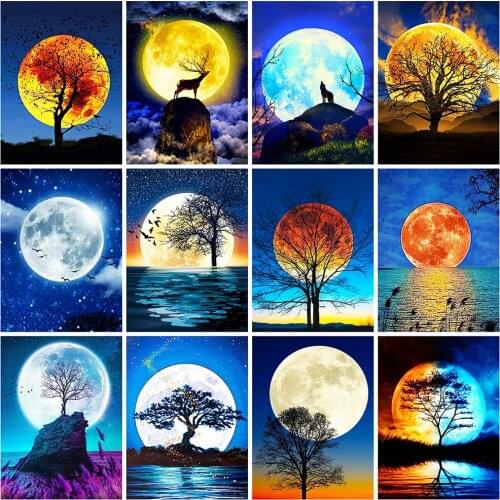 HUACAN Full Square Diamond Painting 5d Moon Mosaic Tree DIY Diamond Embroidery Landscape Handicraft Home Decor