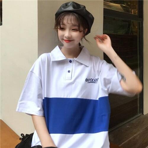 Kawaii Campus Color Matching Polo Shirt Vintage t-Shirt For Girls Summer Goth Top Sweet Female Cloud Korean Friend Clothing