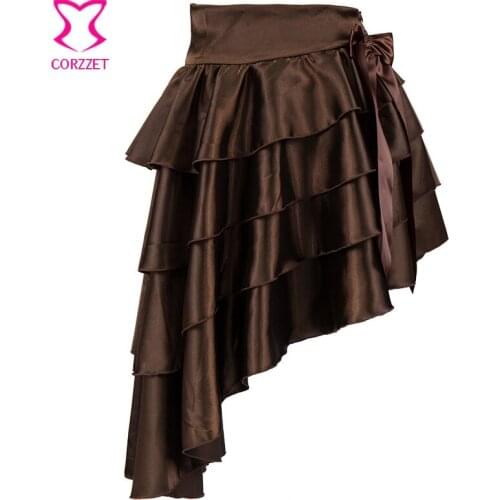Brown Satin Bow Asymmetrical Ruffled Layered Sexy Corsets And Bustiers Gothic Victorian Skirt Lolita Steampunk Skirts For Women