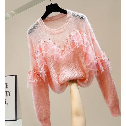 Fashion Womens Sweater Heavy Industry Sequined Diamond Stitching Lace Lotus Leaf Mesh Hollow Sweaters Lady Jumper Pullovers