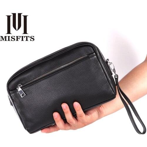 Mens Business Clutch Wallet Mens Shoulder Bag Diagonal Bag Leather Wrist Money Bag Genuine Leather Zipper Business Bag