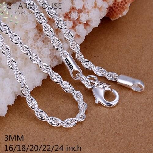 Silver 925 Necklaces For Men Women 3mm Twisted Link Chain Necklace Collier Fashion Jewelry Accessories Bijoux Wholesale