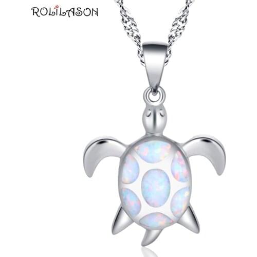 ROLILASON Classic Turtle silver color Stamped White fire Opal Necklac Pendant Fashion Party Gift Exclusive Design OP850