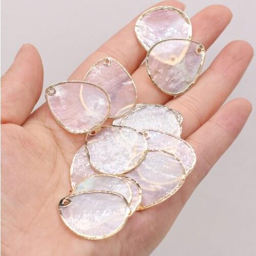 Natural Shell Drop-shaped Pendant with Gold-plated Edge Hole Beads Pink Handmade DIY Necklace Sweater Chain Jewelry Accessories