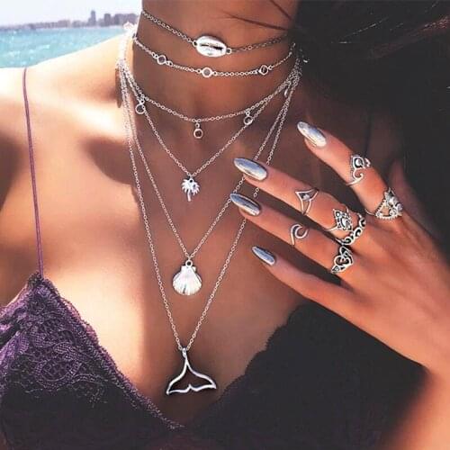 Bohemian Fishtail Sea Shell Pendant Necklace Boho Statement Multi Layer Necklace for Woman Bijoux Jewelry Gift