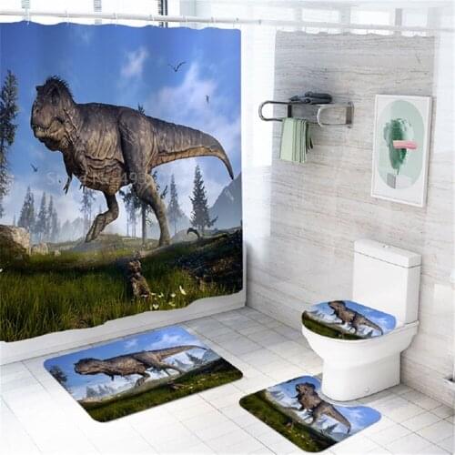 High Quality Bathroom Sets New Dragon Printing Waterproof Bath Curtains with Free Hooks Non-Slip Bathroom Mat Toilet Lid Cover