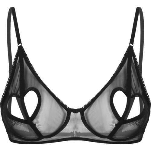 Women Sexy Bras See Through Sheer Mesh Lingerie Adjustable Spaghetti Shoulder Strap Heart Shape Hole Wirefree Unlined Bra Top