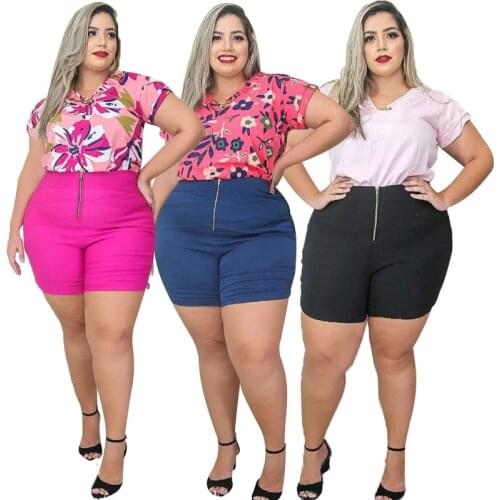 Casual Women Plus Size Mini Shorts Two Piece Sets 2021 Summer New Arrivals V-neck Short Sleeve T-shirts Fashion Outfits