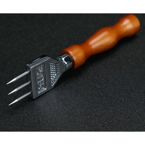 1 Pc Kitchen Bartender Tool Wooden Handle Three Prong Stainless Steel Ice Pick Punch