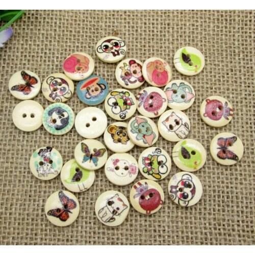 100pcs 15mm Mixed Round Animal Cat Wooden Buttons For Clothes Crafts Sewing Decorative Needlework Scrapbooking DIY Accessories
