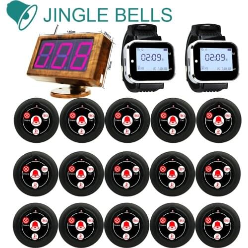 JINGLE BELLS Wireless Waiter Calling System For Restaurant Guest Service Pager 2 Watch Receiver+15 Call Button+1 LED receiver
