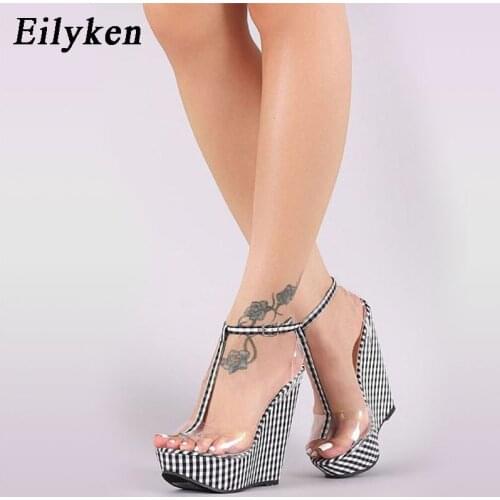 Eilyken 2021 New Summer PVC Transparent Platform Wedges Gingham Sandals Women Fashion High Heels Female Summer Shoes