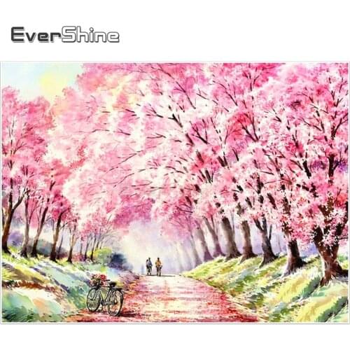 EverShine DIY Diamond Embroidery Full Round Scenery Paint With Diamonds Cherry Tree Picture Of Rhinestone Mosaic Road Wall Decor