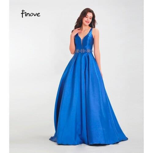 Finove Prom Dress 2020 Long Reflective Dress Sexy Deep V Neck Crystals Sashes Elegant A Line Satin Party Gown Vestido de fiesta