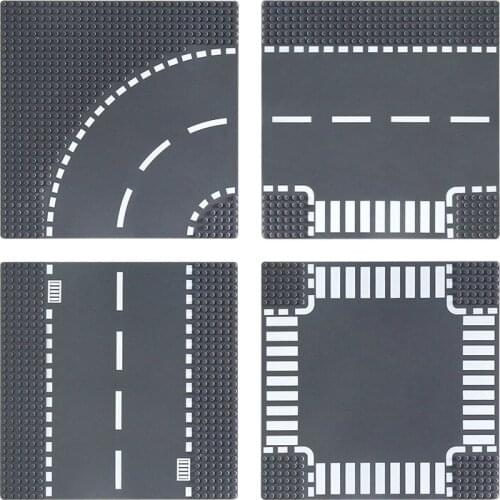 DIY Classic City Road Street Baseplate Block Straight Crossroad Curve T-Junction Assembly Building Blocks Parts Base Plate Gift