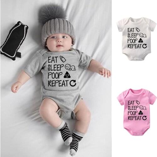 Newborn Summer Fashion Short Sleeve Grey Romper Eat Sleep Poop Repeat Letters Printed Baby Onesies Boys Girls Cotton Outfits