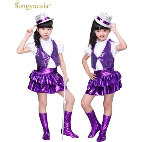 New children Guitar Jazz Dress Dance Performance Sequins Costumes for Singers stage dance skirt Modern dancewear for kid