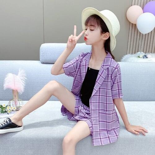 INS HOT Summer Korean Kids Suit Short Sleeve Turn-down Collar Kid Casual Clothes for 3-15 Years New Girls Sets Three Pieces