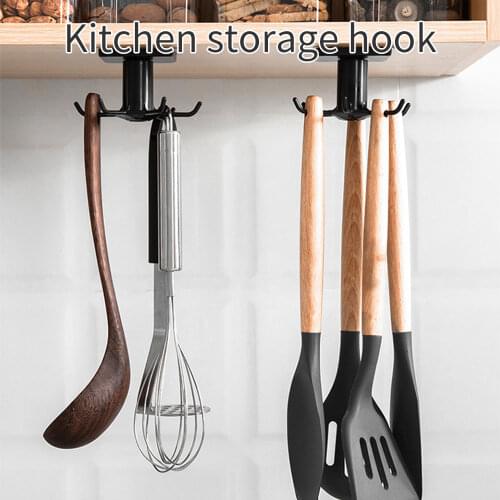 Kitchen rotating hook free punching multi-purpose non-marking shelf kitchen cabinet wall rack spatula spoon storage artifact