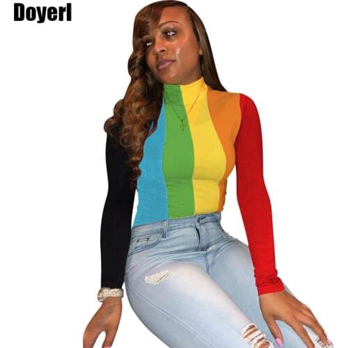 Plus Size Women Rainbow Striped Long Sleeve Crop Top Harajuku Kawaii Streetwear Basic T Shirt Top Autumn Womens Turtleneck Tops