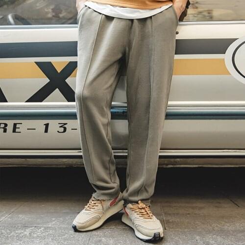 Maden Men Cotton Straight Knitted Casual Pants Draping Cutting Mid Solid Elastic Waist Streetwear Sweatpants Wide Leg Trousers