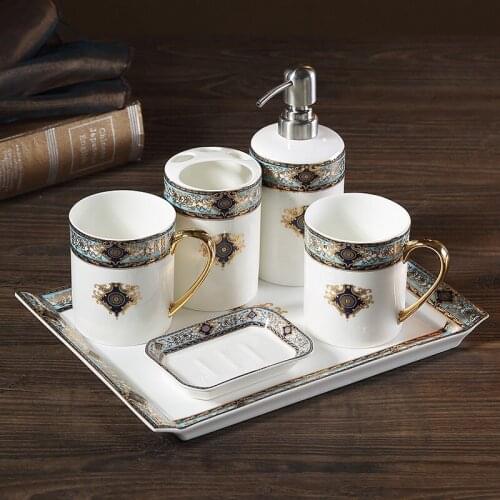 Ceramic Bathroom Accessories Set Soap Dispenser Toothbrush Holder & Gargle Cups Soap Dishes Lavatory 5/6 Pieces Set Wedding Gift