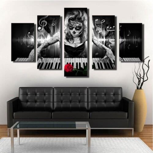 Wall Art Canvas Frame HD Print Pictures 5 Pieces Day Of The Dead Face Painting Piano Music Skull Poster Living Room Decor