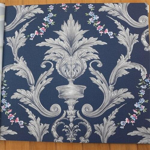 Beibehang European pastoral dark green flower wallpaper PVC embossed living room background wall blue Damascus