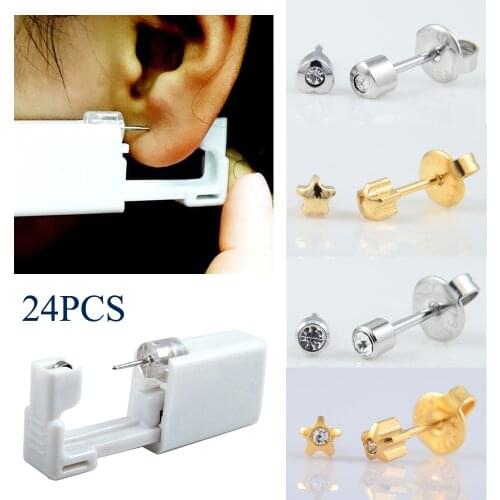 24pcs 316L Stainless Steel Disposable Safe No Pain Ear Nose Piercing Kit Sterile Ear Studs Piercing Gun Tool Piercer Jewelry