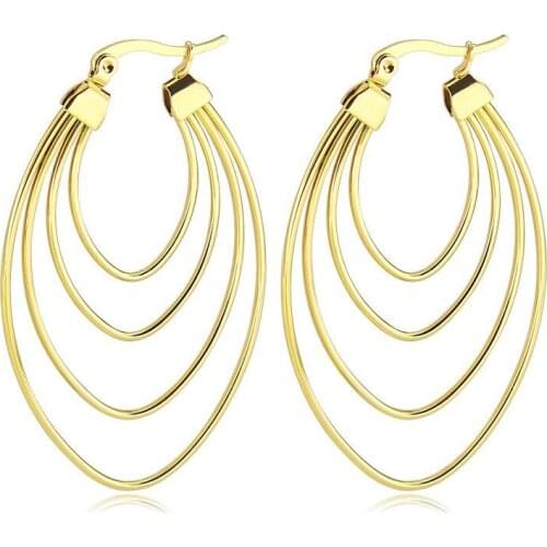 Wholesale Jewelry -- Titanium steel 4 line Drop Water Hoop Earrings Jewelry For Women Fashion Gold color