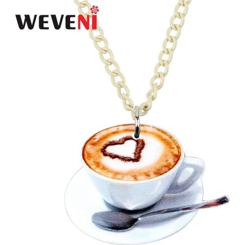WEVENI Acrylic White Coffee Cup Love Heart Pattern Necklace Pendant Chain Collar Fashion Jewelry For Women Girl Teen Charm Gift