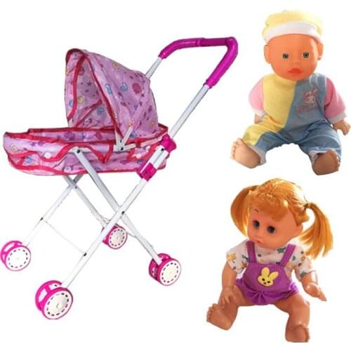 Pretend Play Simulation Trolley Doll Iron Pipe with Awning Folding Trolley with 14 Inch Dolls for Boy and Girl Surprise Doll