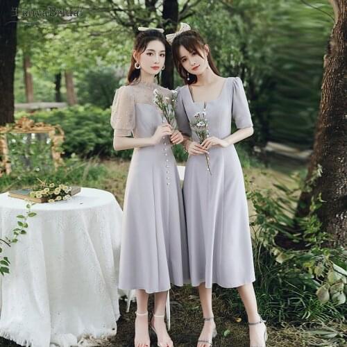 Silver/White Knee Length Bridesmaid Dresses Puff Sleeve Vintage Lovely Wedding Party Gowns Women formal Gowns DB032