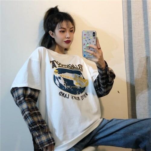 Harajuku Sweatshirt Women Patchwork Fake 2 Pieces Print Long Sleeve Plaid Korean Streetwear Vintage Jumper