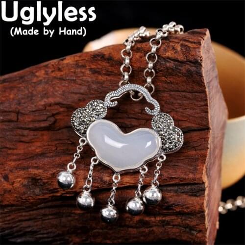 Uglyless RUYI Vintage Ethnic Thai Silver Necklaces for Women Natural Chalcedony Heart-shape Pendants 925 Silver Tassels NO Chain