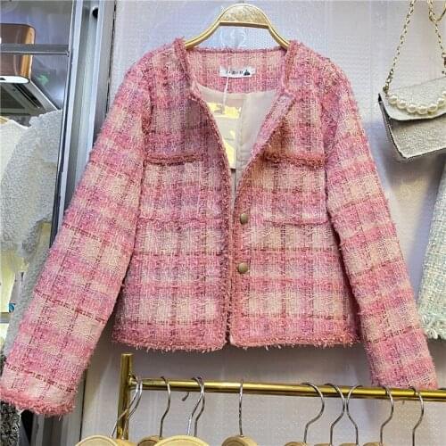 French style small fragrance tweed jacket women o-neck single breasted weave top outerwear