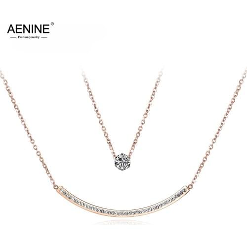 AENINE Double Layer CZ Crystal Double Chain & Link Necklaces Jewelry Titanium Steel Rose Gold Chokers Necklace For Women AN18061