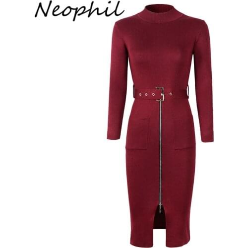 Neophil Knit Midi Women Dresses 2021 Winter Vintage Front Zipper Sashes Pocket Long Sleeve Turtleneck Sheath Elastic Dress D29A2