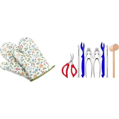 1 Pair Oven Mitts Floral Kitchen Gloves for Oven Cooking, Grill and BBQ Non Slip Gloves with 8 Pcs Seafood Tools Set