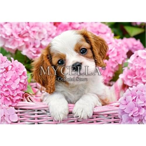 5d Diy Diamond Painting Pup in Pink Flowers Dogs Cross Stitch Rhinestone Handmade Diamond Embroidery Mosaic Crafts Home Decor
