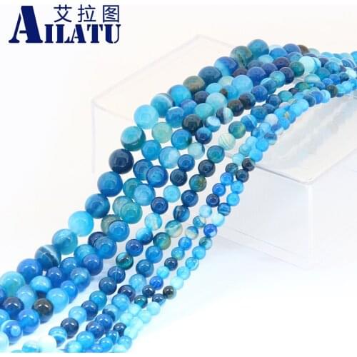 Ailatu Natural Blue Carnelian Round Onyx Stone Beads 15" Strand 6 8 10 12 14MM Pick Size For Jewelry Making