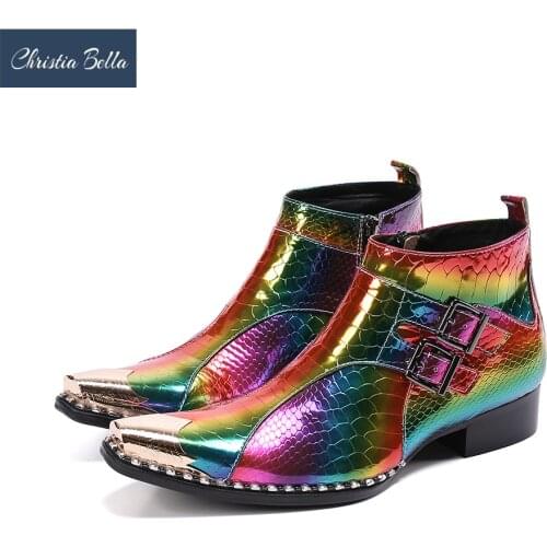 Christia Bella Sparkling Multicolor Party Men Boots Metal Square Toe Real Leather Ankle Boots Club Short Boots Man Fashion Shoes