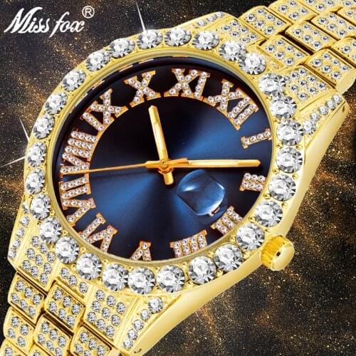 MISSFOX Mens Watch Gold Diamond Blue Dial Roman Numerals Iced Out Watch Top Brand luxurious Calendar waterproof Wristwatch 2020
