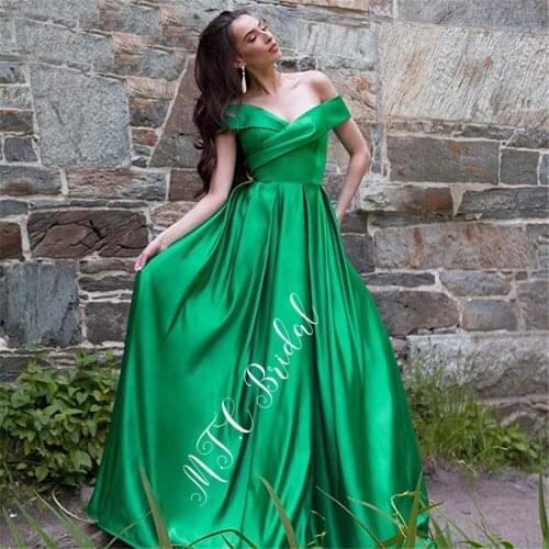 Long Elegant Green Evening Dress Off The Shoulder A Line Satin Formal Occasion Dresses 2019 Wholesale Cheap Women Prom Gowns