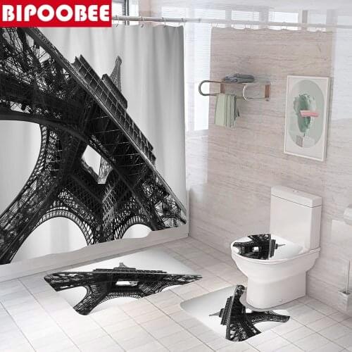 Eiffel Tower Bottom Grey Shower Curtain Bathroom Curtains Pedestal Rugs Toilet Cover Non Slip Carpet Bath House Bathtubs Decor