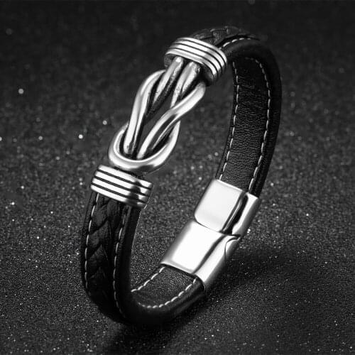 Hot ! Genuine leather bangle Stainless Steel knot Clasp Magnetic buckle Bracelet Bangle Unisex Mens Jewelry 8