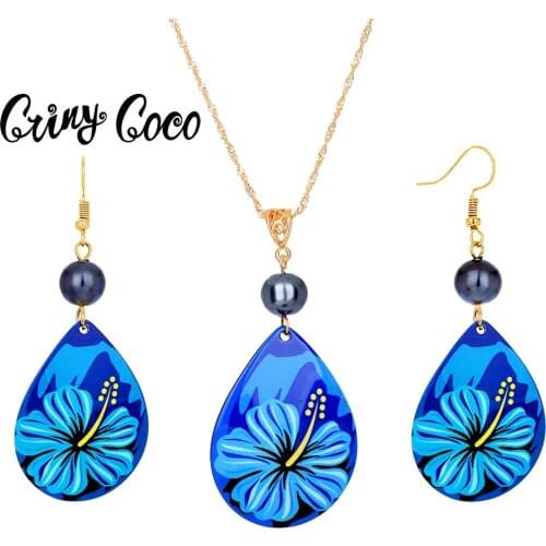 Cring Coco Acrylic Jewelry Sets 2021 Fashion Blue Droping Flower Peal Earrings and Necklaces Set Hawaiian Beach Earing for Wome